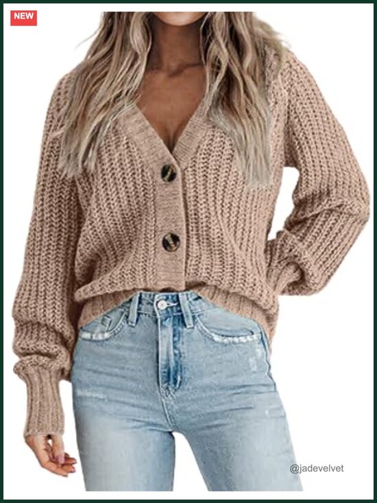 Sweaters - Women's Chunky Knit Cardigan Long Sleeve V-Neck Button Down Sweater
